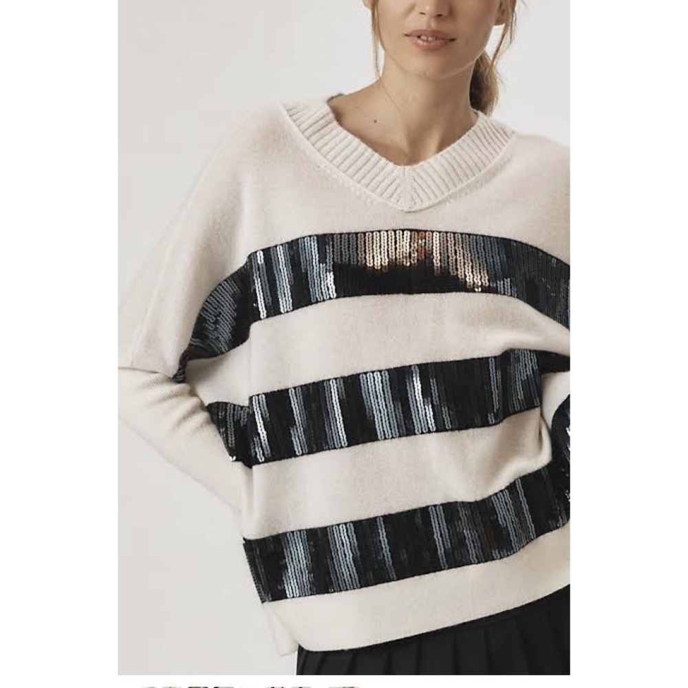 Maeve 100% Cashmere Sweater Women's XXSP Ivory Black Sequin Stripe V Neck Glam
